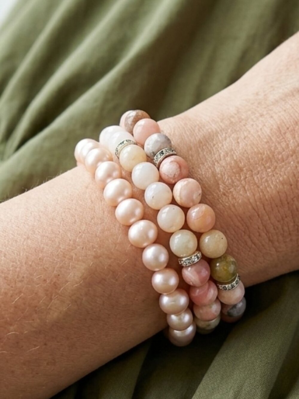 Pink Opal & Pearl Bracelet Set, Dainty Gemstone Stretch Bracelets, Jewelry Gift